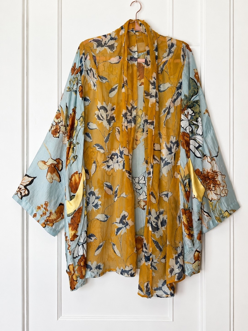 Floral Open-Front Kimono Tunic in Mustard & Light Blue